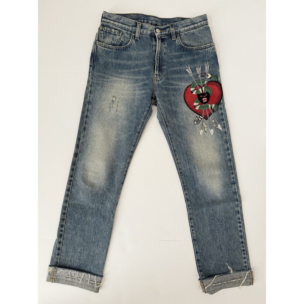 Gucci Embroidered Snake Panther Heart Distressed Denim Jeans – Size 30 - $1150